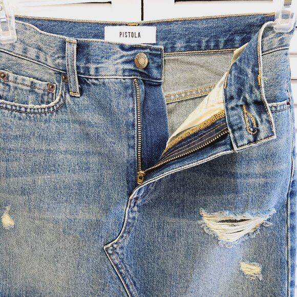 NWOT PISTOLA RUMI MEDIUM WASH DENIM JEANS FRAYED HEM 5 POCKET MINI SKIRT SIZE 26 - Picture 5 of 8